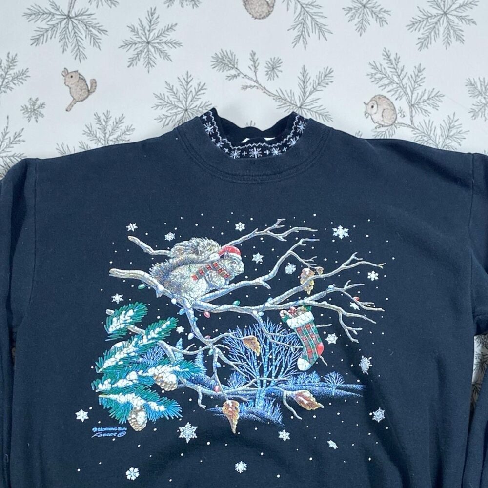 Vintage 90s Morning Sun Sweatshirt MED Squirrel Christmas Mock Neck Grannycore